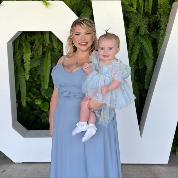 Floral Light Blue Custom-Made Flower girl/wedding guest dress with custom bow - Picture 4 of 7